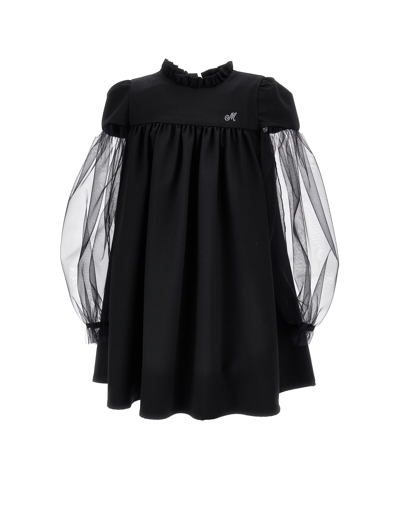 Shop Monnalisa Lightweight Wool Dress With Tulle Sleeves In Black