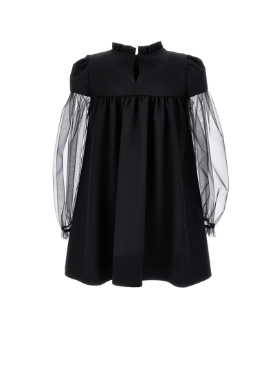 Shop Monnalisa Lightweight Wool Dress With Tulle Sleeves In Black