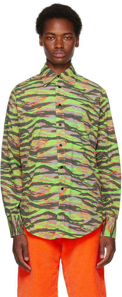 Erl Green Long Sleeve Shirt With Graphic Print In Cotton In  Green Rave Camo