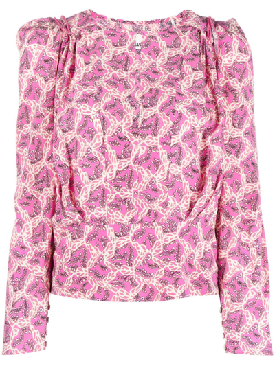 Isabel Marant Printed Blouse With Buttoned Cuffs And Ruched Shoulders In Pink