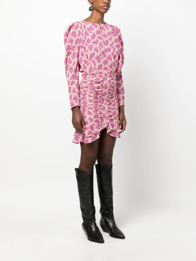 Shop Isabel Marant Milendi Abstract-print Ruched Miniskirt In Pink