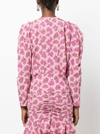 Isabel Marant Printed Blouse With Buttoned Cuffs And Ruched Shoulders In Pink