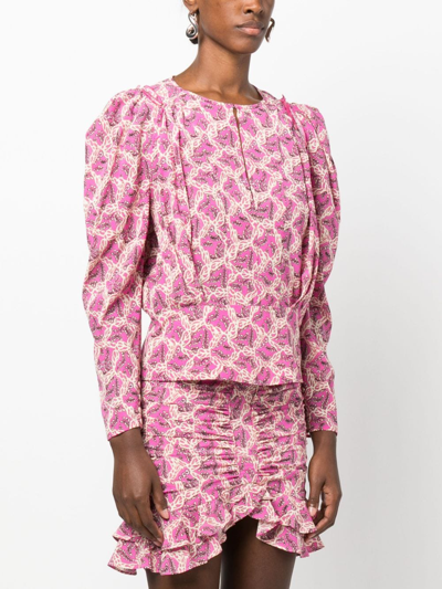 Isabel Marant Printed Blouse With Buttoned Cuffs And Ruched Shoulders In Pink