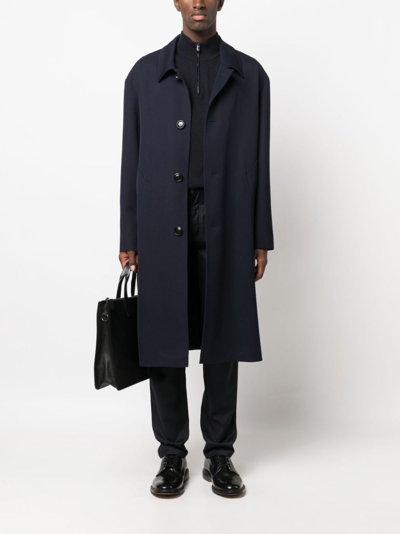 Zegna Logo-patch Wool Straight-leg Trousers In Blue
