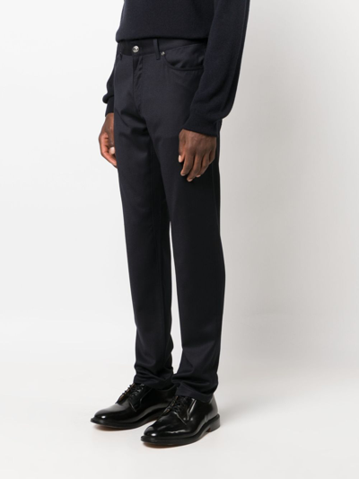 Zegna Logo-patch Wool Straight-leg Trousers In Blue