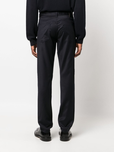 Zegna Logo-patch Wool Straight-leg Trousers In Blue