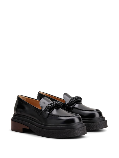 Tod's Leather Loafers With Stacked Heel And Tassel Detail In Black