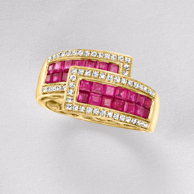 Ross-simons Ruby And . Diamond Bypass Ring In 14kt Yellow Gold In Red