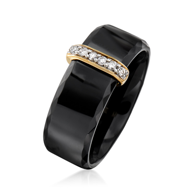 Ross-simons Black Ceramic Ring With Diamond Bar In 14kt Yellow Gold In Black