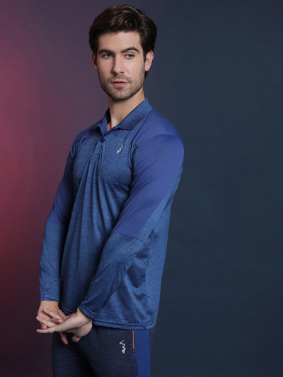 Shop Campus Sutra Solid Men Polo Neck Blue Sports T-shirt