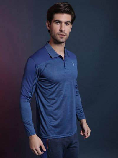 Shop Campus Sutra Solid Men Polo Neck Blue Sports T-shirt