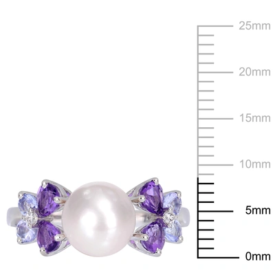 Mimi & Max 8-8.5 Mm White Cultured Freshwater Pearl, Diamond, Tanzanite, And Amethyst Ring In Purple