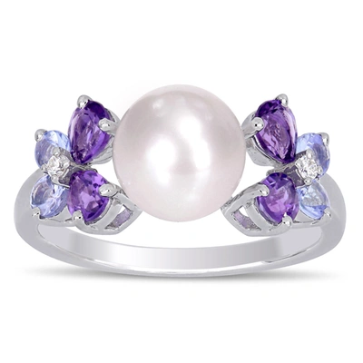 Mimi & Max 8-8.5 Mm White Cultured Freshwater Pearl, Diamond, Tanzanite, And Amethyst Ring In Purple