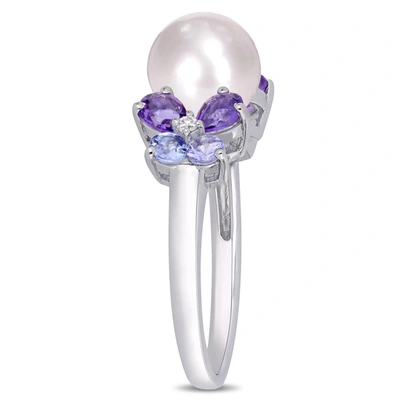 Mimi & Max 8-8.5 Mm White Cultured Freshwater Pearl, Diamond, Tanzanite, And Amethyst Ring In Purple