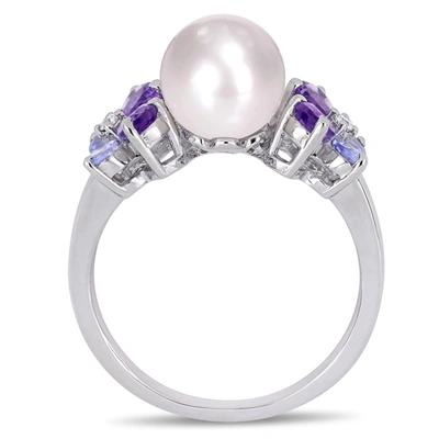 Mimi & Max 8-8.5 Mm White Cultured Freshwater Pearl, Diamond, Tanzanite, And Amethyst Ring In Purple