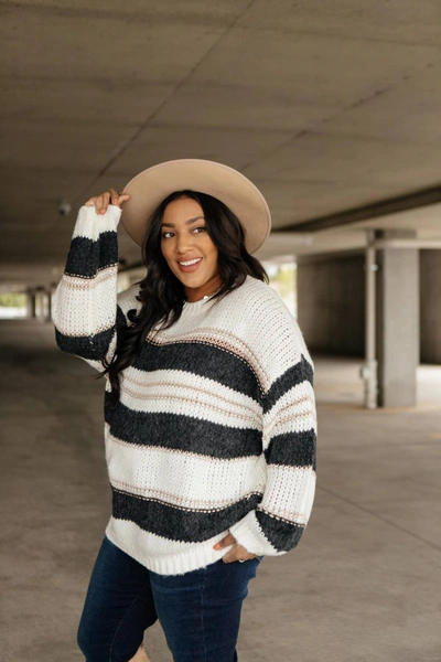 Fsl Sraightforward Striped Sweater In Ivory And Black In White