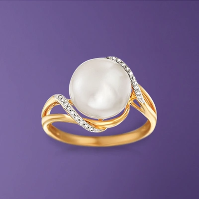 Ross-simons 10-10.5mm Cultured Pearl Wave Ring With Diamond Accents In 14kt Yellow Gold In White