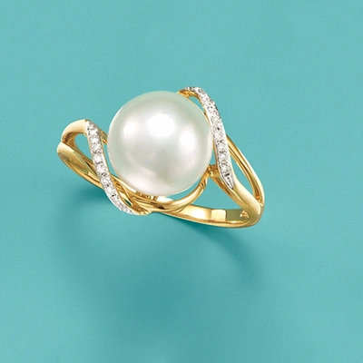 Ross-simons 10-10.5mm Cultured Pearl Wave Ring With Diamond Accents In 14kt Yellow Gold In White
