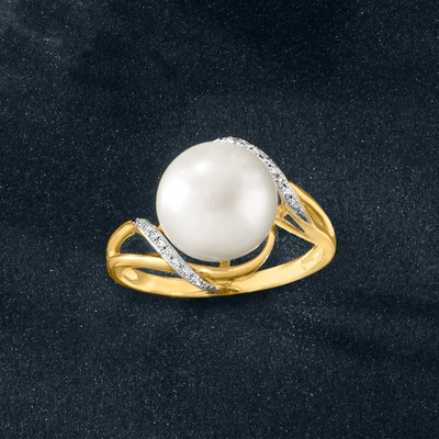 Ross-simons 10-10.5mm Cultured Pearl Wave Ring With Diamond Accents In 14kt Yellow Gold In White