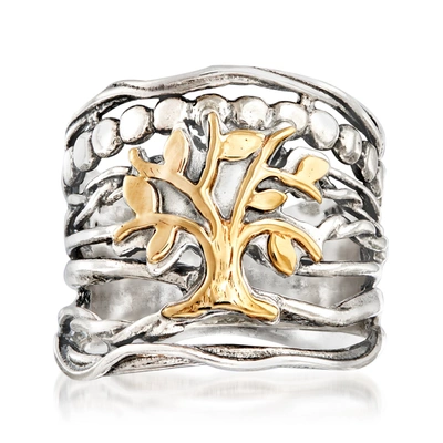 Ross-simons Sterling Silver And 14kt Yellow Gold Multi-row Tree Of Life Ring In Silver