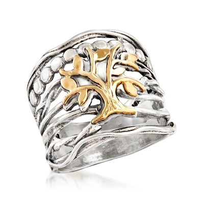 Ross-simons Sterling Silver And 14kt Yellow Gold Multi-row Tree Of Life Ring In Silver