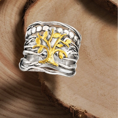 Ross-simons Sterling Silver And 14kt Yellow Gold Multi-row Tree Of Life Ring In Silver