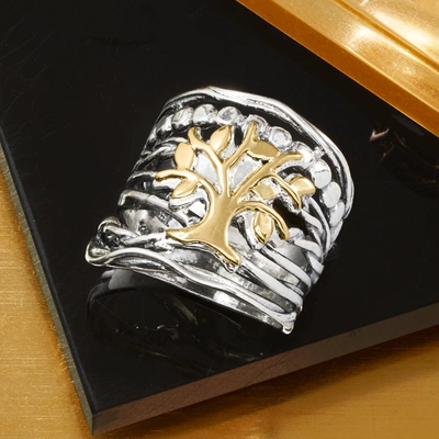 Ross-simons Sterling Silver And 14kt Yellow Gold Multi-row Tree Of Life Ring In Silver
