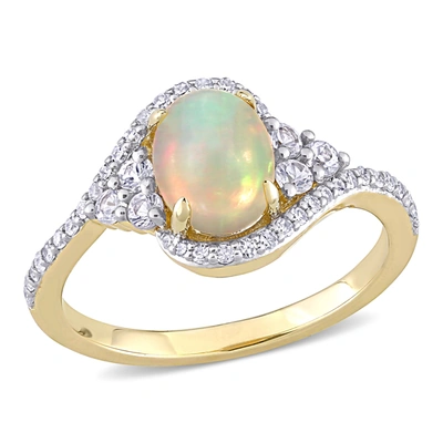 Mimi & Max 1 Ct Tgw Ethiopian Yellow Opal, White Sapphire And 1/5 Ct Tw Diamond Oval Halo Twist Ring In 10k Yel In Silver