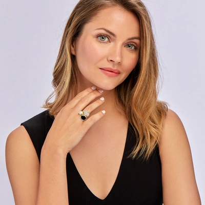 Ross-simons 8mm Cultured Pearl, Black Onyx And Moonstone Ring In 18kt Gold Over Sterling In Black