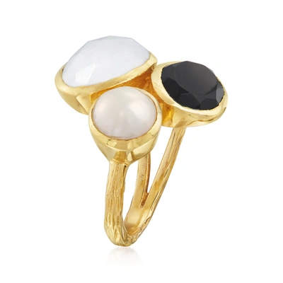 Ross-simons 8mm Cultured Pearl, Black Onyx And Moonstone Ring In 18kt Gold Over Sterling In Black