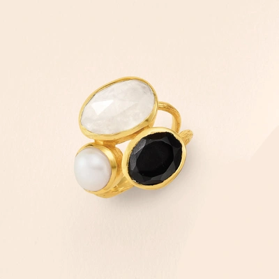 Ross-simons 8mm Cultured Pearl, Black Onyx And Moonstone Ring In 18kt Gold Over Sterling In Black