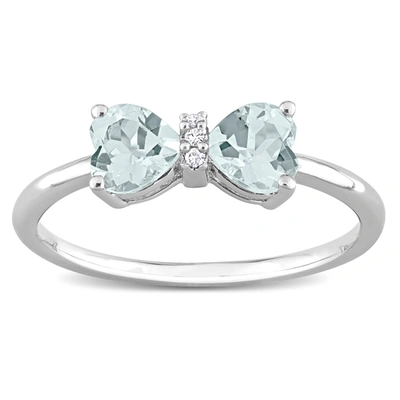 Mimi & Max 3/4 Ct Tgw Heart Aquamarine And Diamond Accent Bow Ring In Sterling Silver In Blue