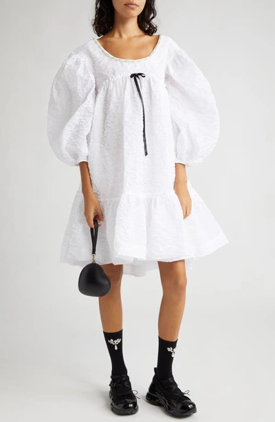 Shop Simone Rocha Bead Bow Detail Puff Sleeve Minidress In White/ Black/ Pearl