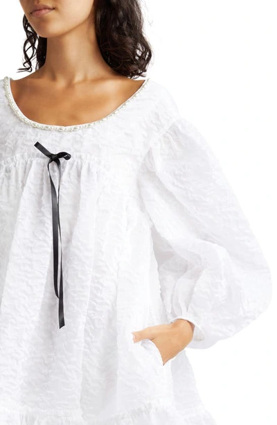 Shop Simone Rocha Bead Bow Detail Puff Sleeve Minidress In White/ Black/ Pearl