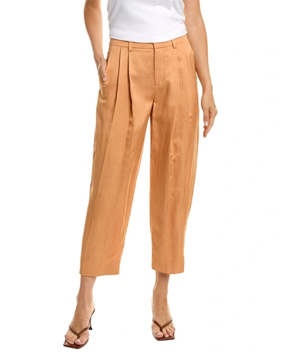 Shop Vince Pleated Linen-blend Tapered Pant In Brown