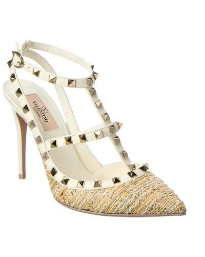 Shop Valentino Rockstud Caged 100 Tweed & Leather Pump In White