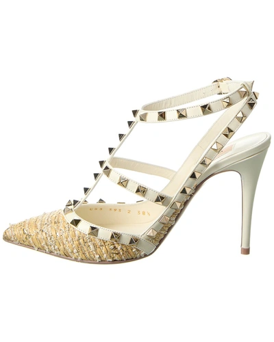 Shop Valentino Rockstud Caged 100 Tweed & Leather Pump In White