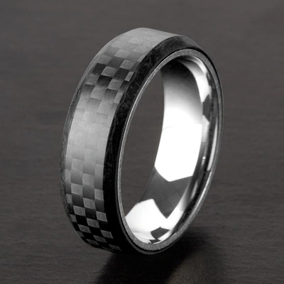 Shop Crucible Jewelry Crucible Los Angeles Men's Stainless Steel Carbon Fiber Beveled Comfort Fit Ring In Black
