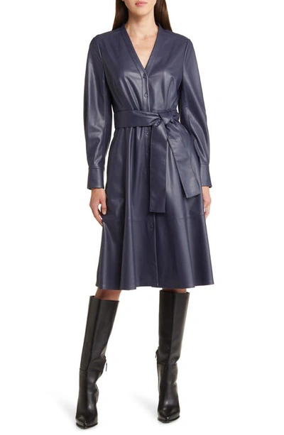 Shop Kobi Halperin Fontana Belted Faux Leather Button Front Dress In Navy