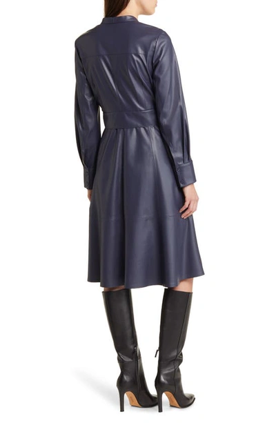 Shop Kobi Halperin Fontana Belted Faux Leather Button Front Dress In Navy