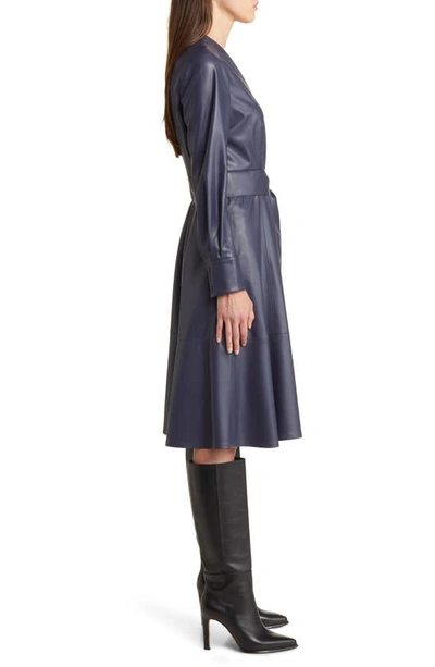 Shop Kobi Halperin Fontana Belted Faux Leather Button Front Dress In Navy