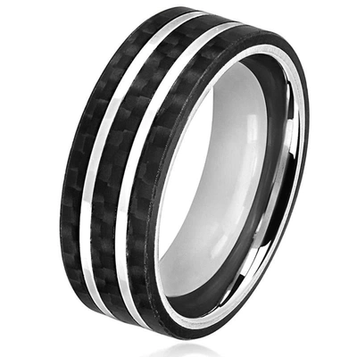 Shop Crucible Jewelry Crucible Los Angeles Men's Stainless Steel Carbon Fiber Silver Striped Comfort Fit Ring In Black