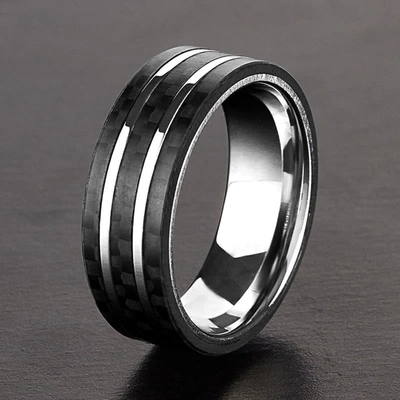 Shop Crucible Jewelry Crucible Los Angeles Men's Stainless Steel Carbon Fiber Silver Striped Comfort Fit Ring In Black
