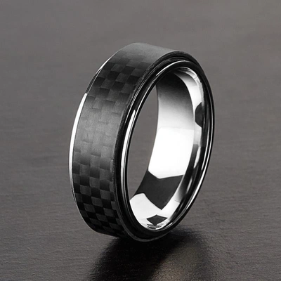 Shop Crucible Jewelry Crucible Los Angeles Men's High Polish Stainless Steel Carbon Fiber Overlay Comfort Fit Ring In Black