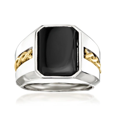 Shop Ross-simons Men's Black Onyx Ring In Sterling Silver And 14kt Yellow Gold