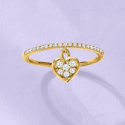Rs Pure Ross-simons Diamond Heart Charm Ring In 14kt Yellow Gold In White