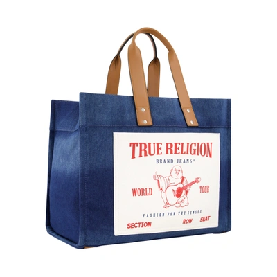 Shop True Religion Large Washed Navy Denim Tote In Blue