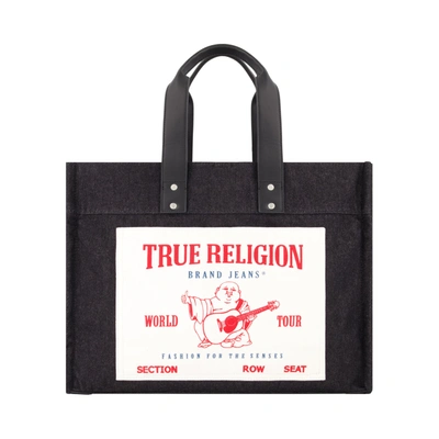 Shop True Religion Large Washed Black Denim Tote In Blue