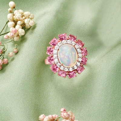 Shop Ross-simons Opal, Pink Tourmaline And . White Topaz Ring In 18kt Rose Gold Over Sterling