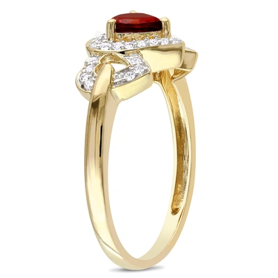 Mimi & Max Garnet Triple Heart Ring With 1/8 Ct Tw Diamonds In 10k Yellow Gold In Red